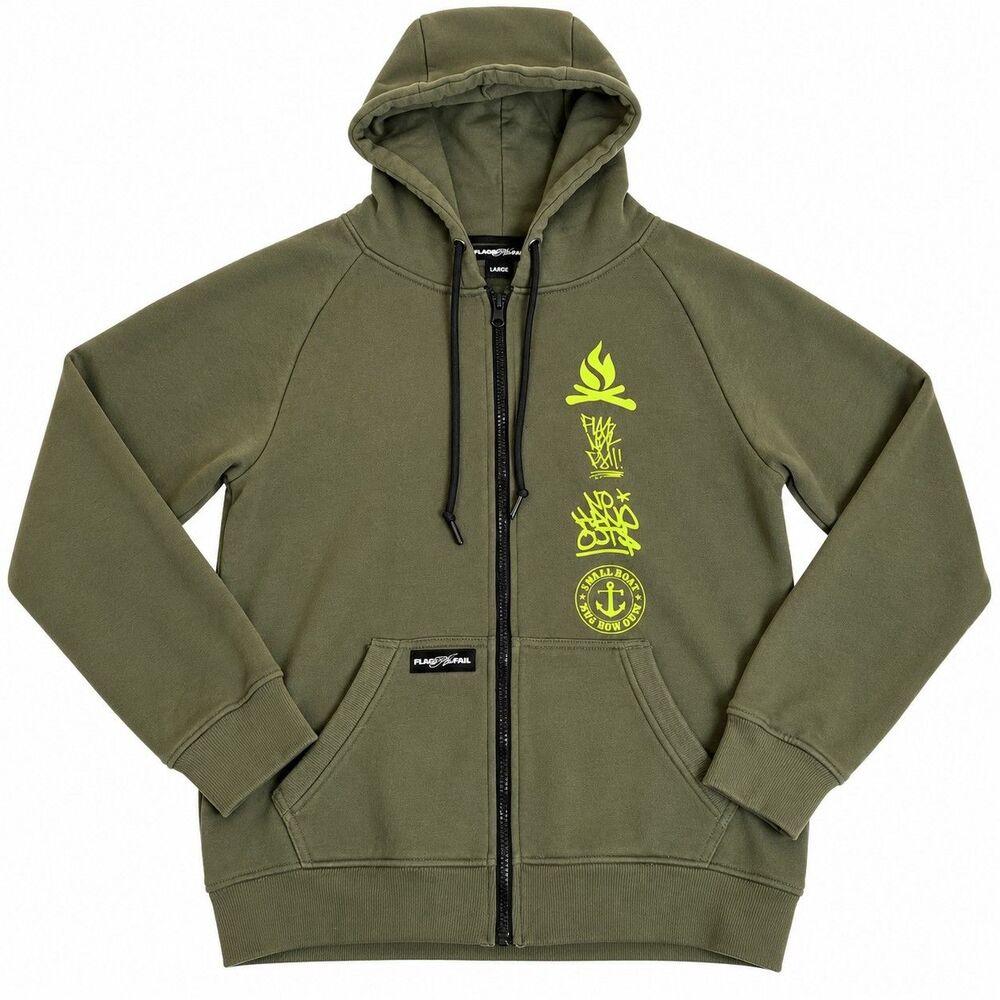 Flag Nor Fail Work Hard Men’s Medium Olive Green Graphic Full Zip Hoodie